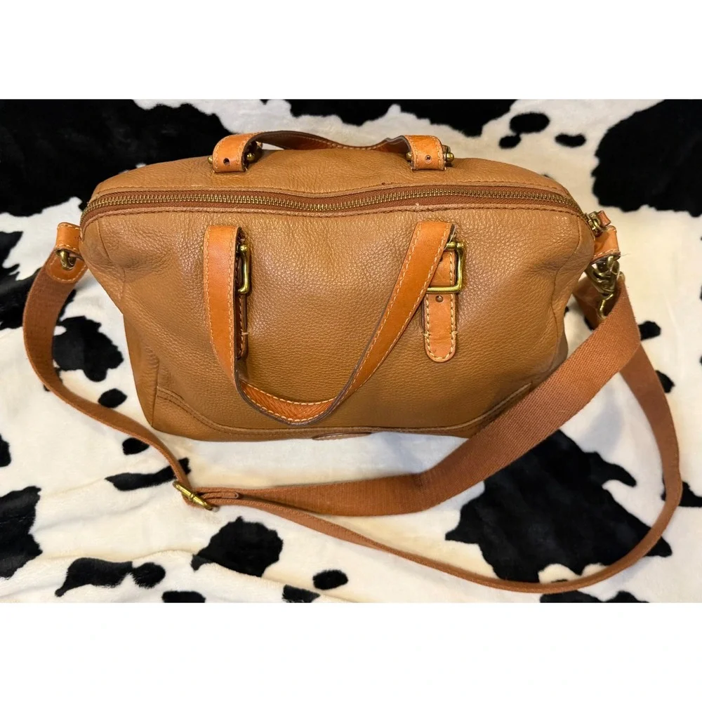 Fossil Brown Pebbled Leather Satchel Crossbody Bag Brass Hardware Handbag